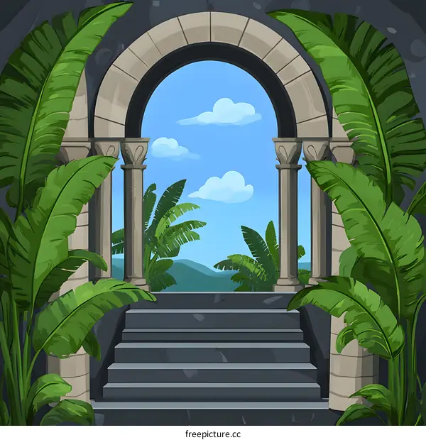 Stone Archway with Tropical Plants and Mountain View