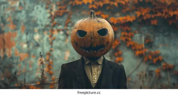 Man wearing a pumpkin head in front of a wall covered with dry plants