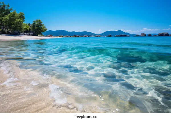 Idyllic Tropical Beach with Small Island in the Distance