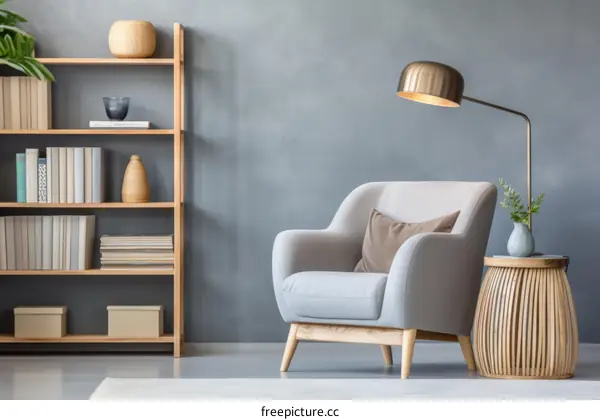 Modern Minimalist Living Room with Gray Armchair, Shelf, Books, Lamp, and Plant