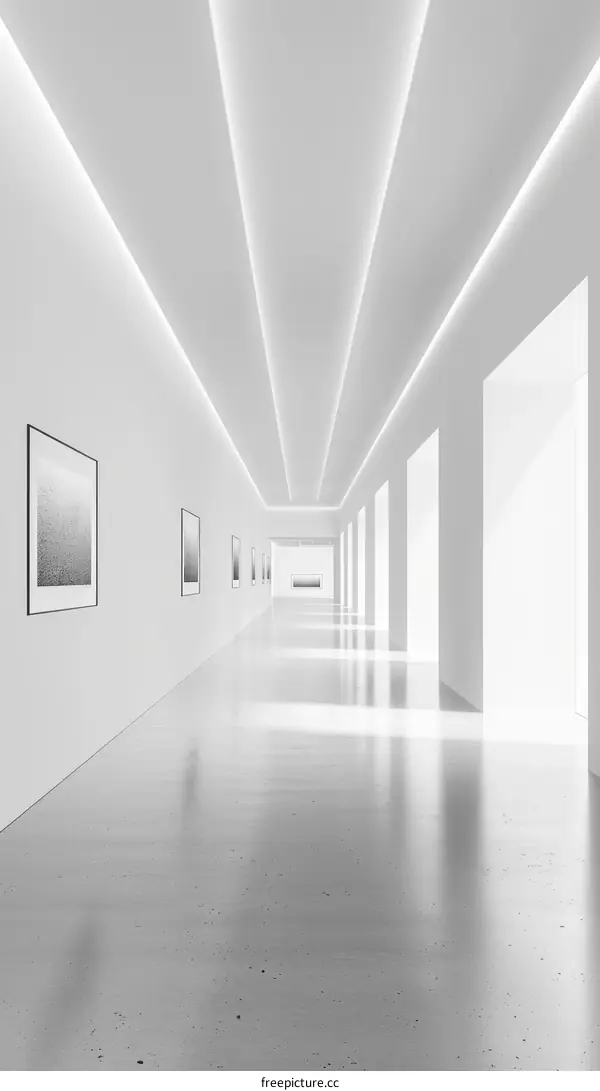 A long white hallway with pictures on the walls