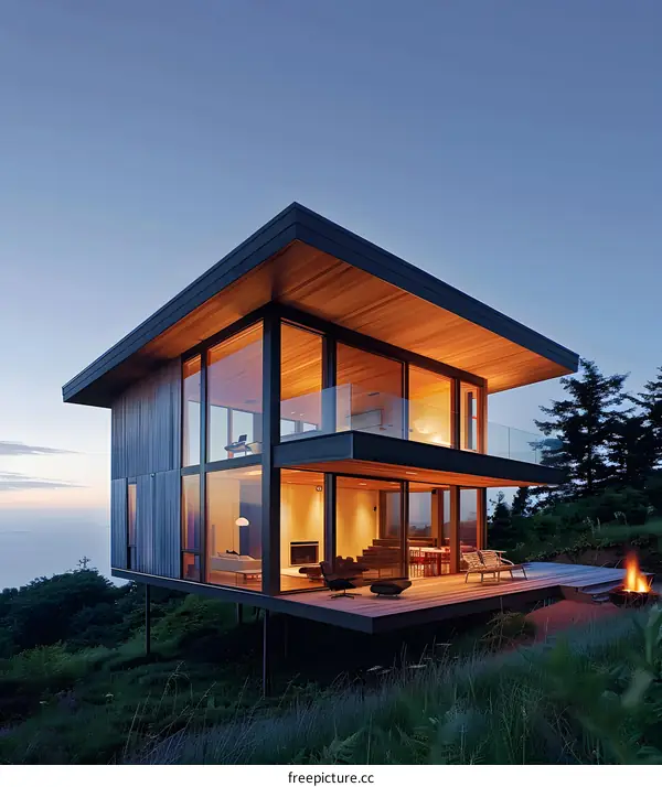 Modern Glass House on Hilltop with Ocean View at Dusk