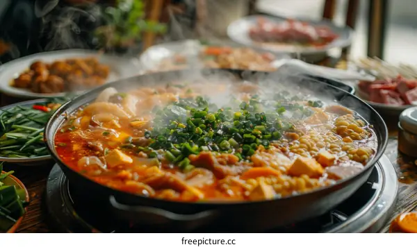 A spicy and flavorful hot pot with various fresh ingredients