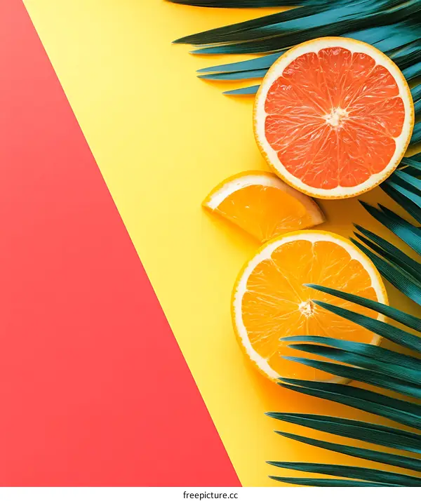 Summer Fruit Background with Palm Leaf and Orange Slices