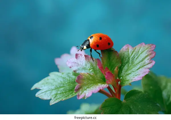 Closeup Ladybug on Dewy Leaves