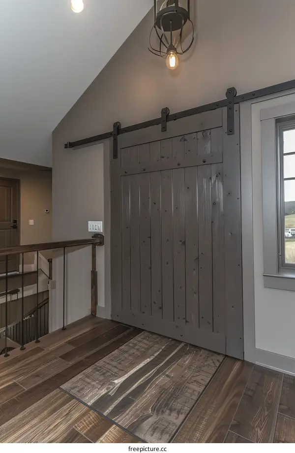 Inviting Rustic Interior with Wood Plank Walls and Barn Door