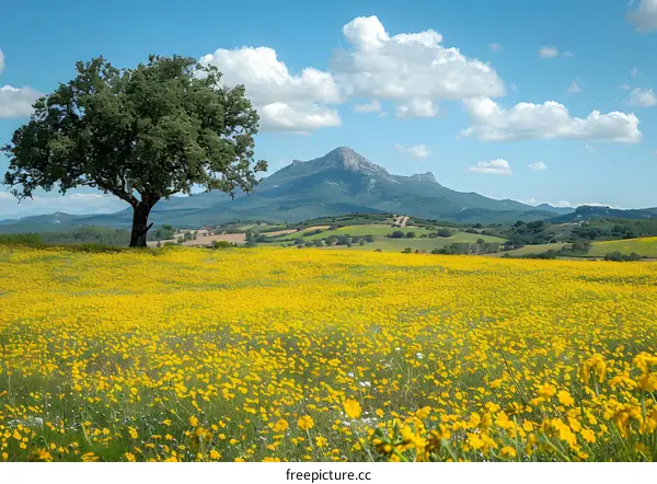 Yellow flowers field with oak tree and mountain