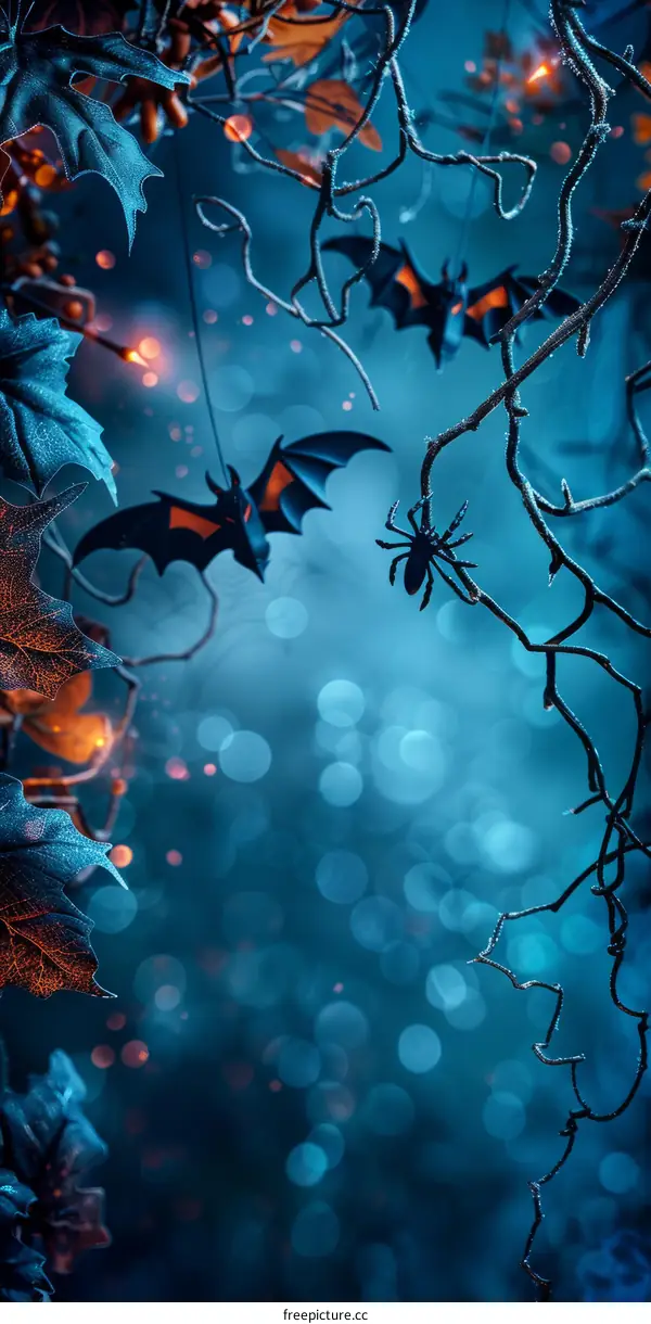 Halloween spooky bats and spider hanging from a tree