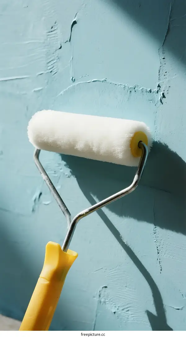 Roller painting wall with light blue color during home renovation