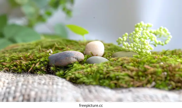 Close Up of Moss Covered Rocks with Green Flowers