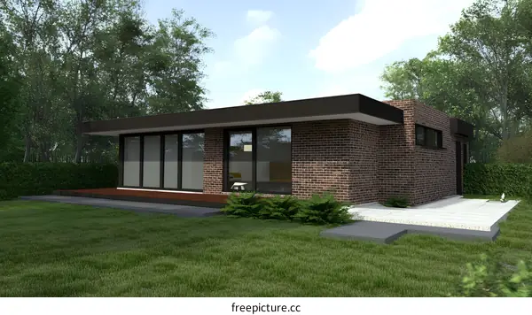 Modern Brick House with Flat Roof and Large Windows