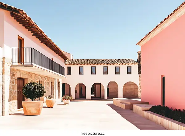 Mediterranean Architecture Courtyard with Archways and Stone Buildings