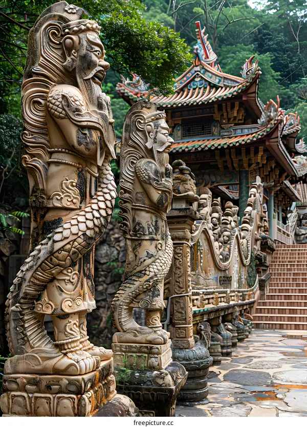 Two guardian lion statues flank the entrance to a Buddhist temple.