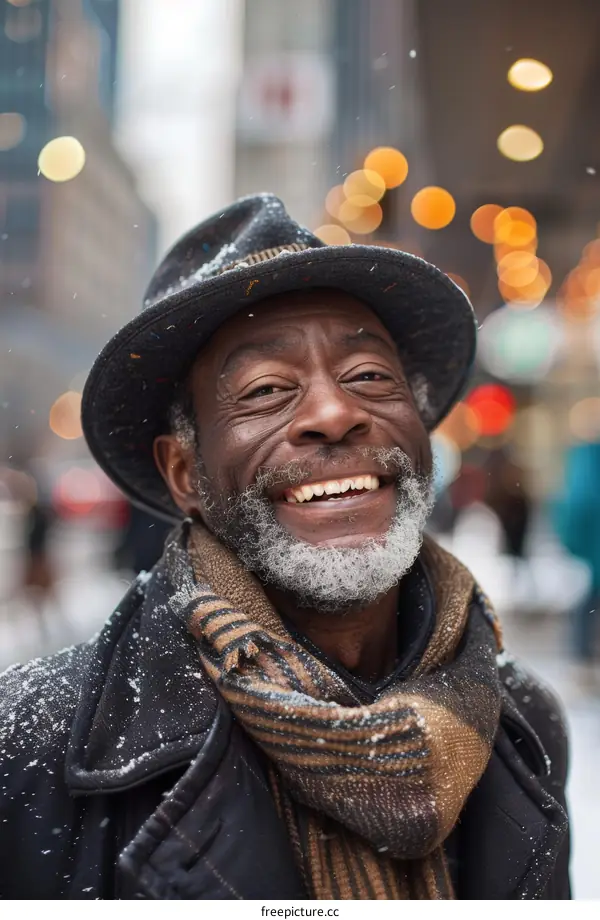 A Happy Senior Man Enjoys the Snowfall in the City