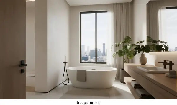 Modern Luxury Bathroom with Freestanding Tub and City View