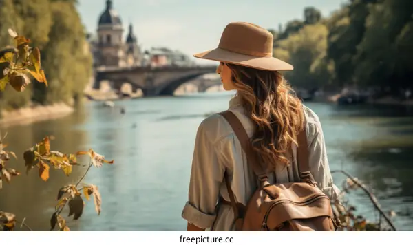 Woman in Paris with Seine River View