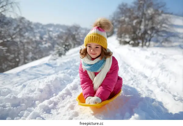 Cute Girl Sledding in Winter Wonderland