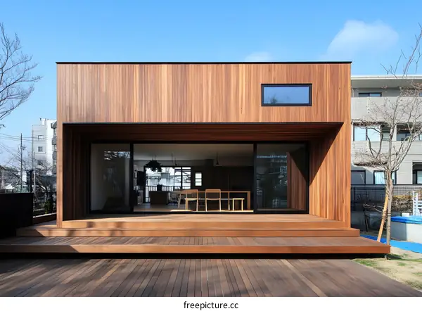 Modern Wooden House with Deck and Glass Doors