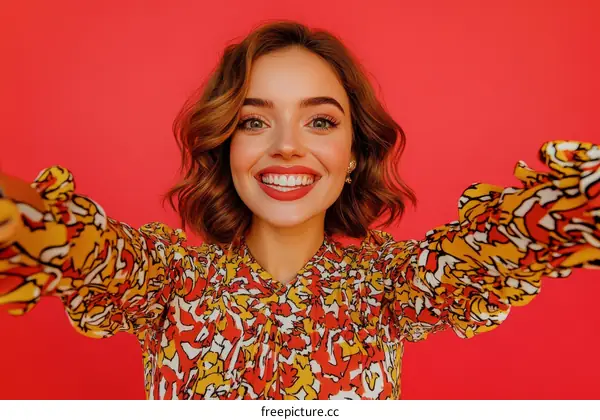 Smiling Woman in Colorful Print Blouse Against Red Background