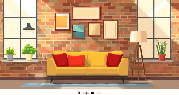 Yellow Couch In Modern Living Room With Brick Wall