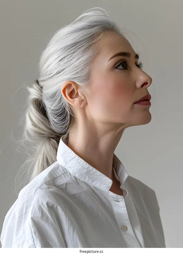 Side view of a beautiful woman with gray hair