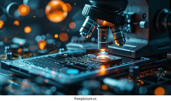 A close-up image of a microscope examining a circuit board.