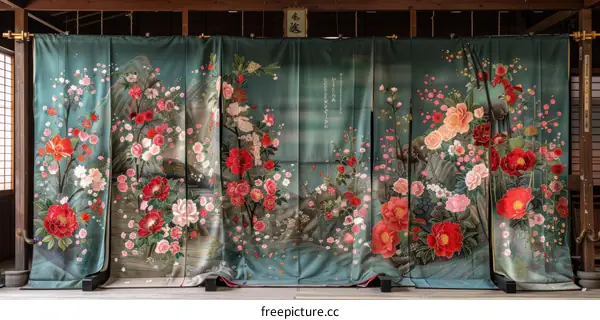 A beautiful and colorful Japanese kimono with a floral pattern.