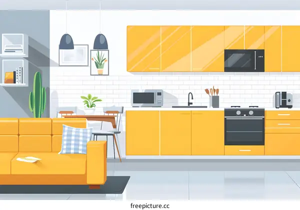 Modern Kitchen with Yellow Cabinets and Couch Illustration