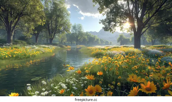 A river flows through a forest in the sunlight