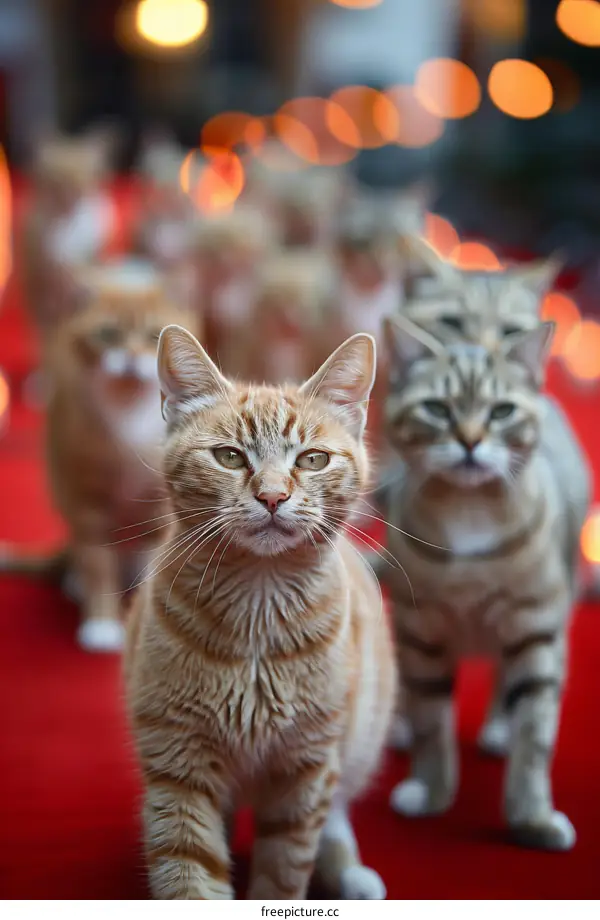 A group of cats walking on a red carpet