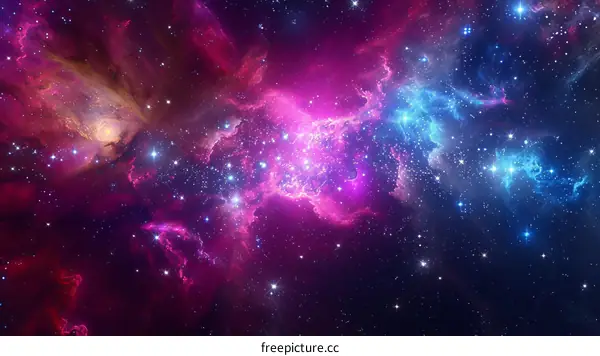 Interstellar space with bright glowing nebulae and stars