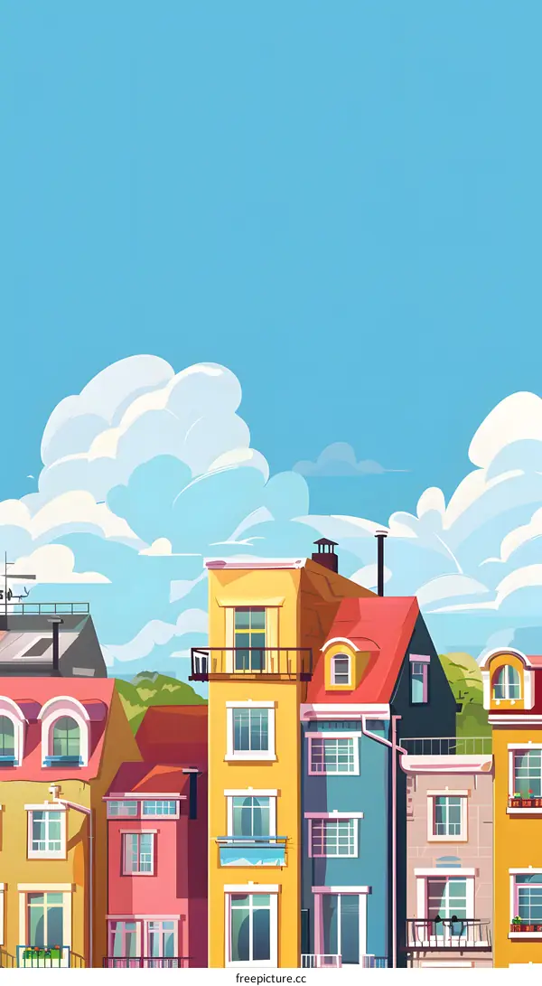 Colorful Buildings and Blue Sky Cartoon Illustration