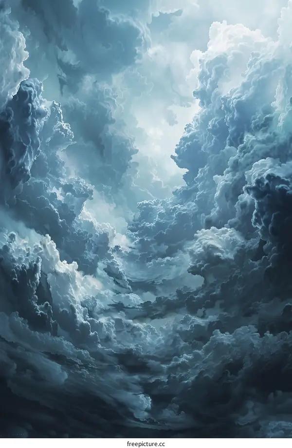 Blue and grey cloudscape with light rays breaking through