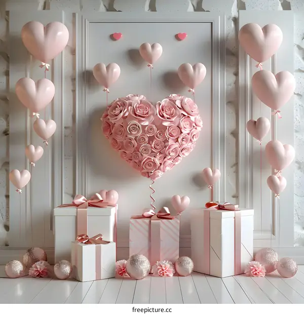Pink heart-shaped balloons and gifts