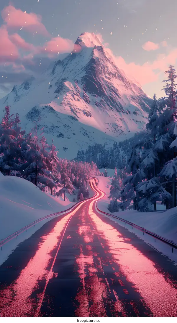 Snowy Mountain Road Sunset
