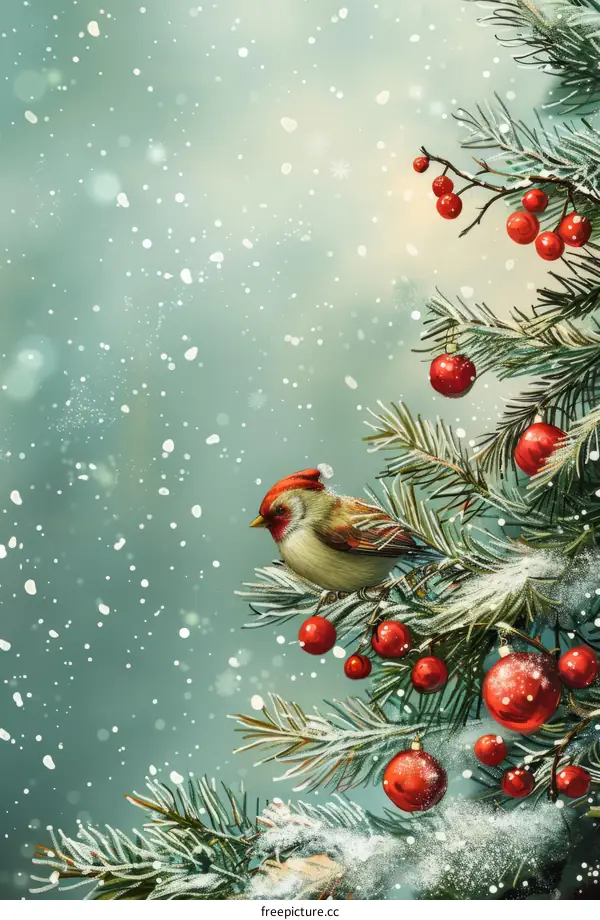 Cardinal Perched on a Snowy Branch with Red Berries