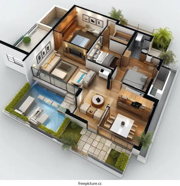Modern Apartment Floor Plan Design with Rooftop Pool