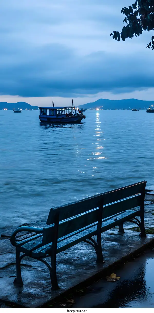 Lonely Bench by the Sea at Dusk