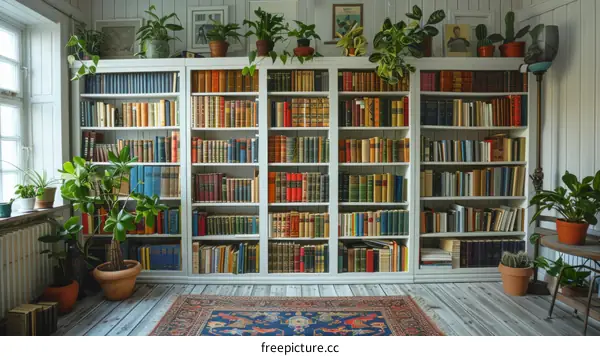 A large wooden bookshelf filled with colorful books and green plants