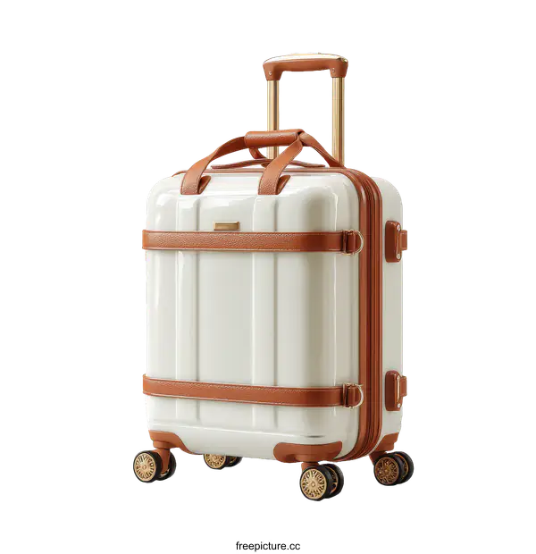 [Transparent Background PNG]Modern White Suitcase with Brown Accents