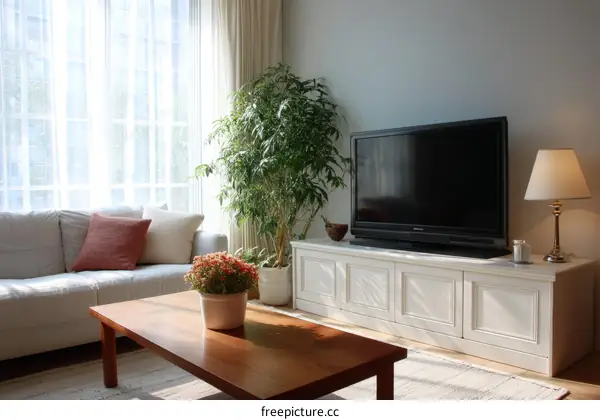 Modern Living Room Interior Design with Sofa, TV, and Plants