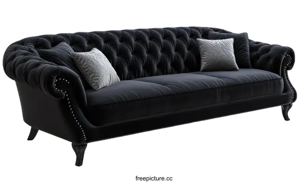 [Transparent Background PNG]Classic Black Velvet Sofa with Button Tufting