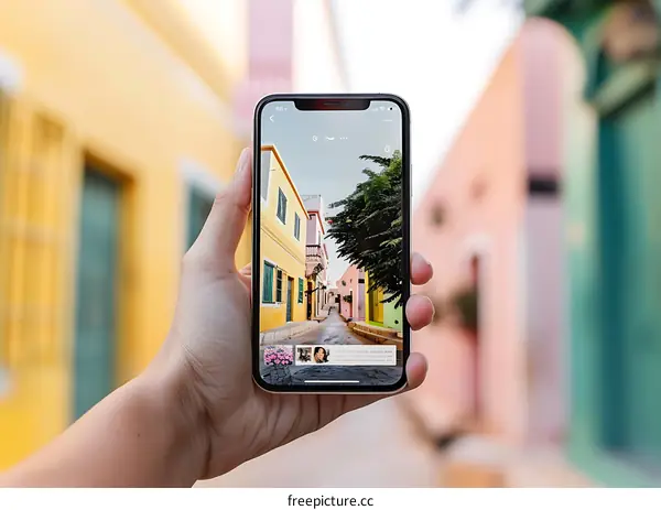 A Hand Holding a Phone Showing a Photo of a Narrow Street with Colorful Buildings in a Town