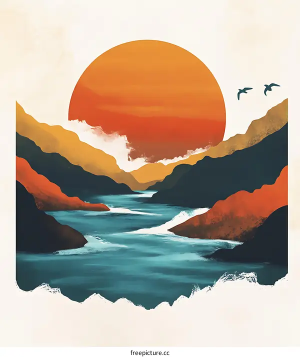 Sunset Landscape Illustration with Mountains and River
