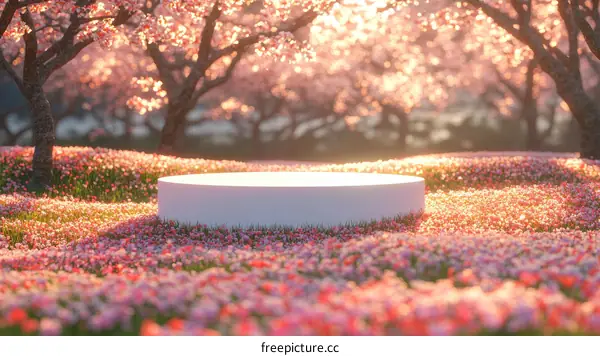 Spring Cherry Blossom Scene with White Display Platform