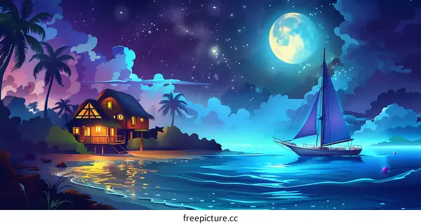 Night Sky with Full Moon and Sailboat
