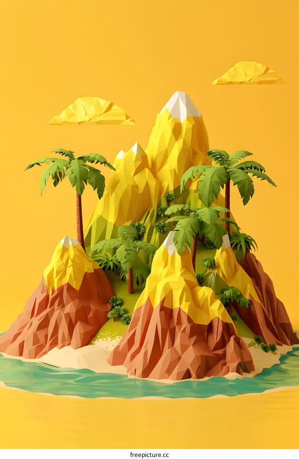 Low Poly Tropical Island with Palm Trees and Mountains