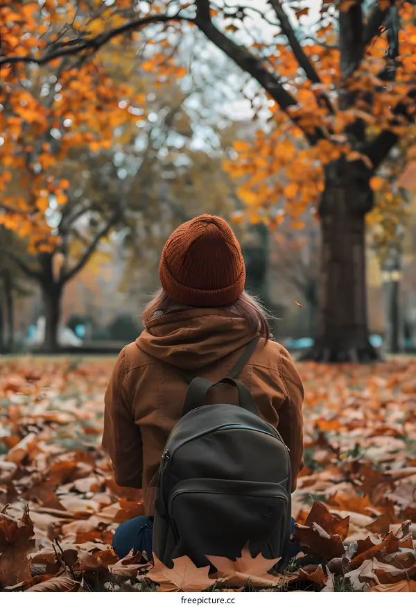 Woman Sitting In Autumn Leaves With Backpack