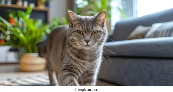A cute gray cat is walking towards the camera in a living room