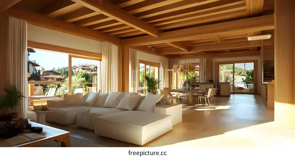Modern Open Floor Plan Living Room With Wooden Beams